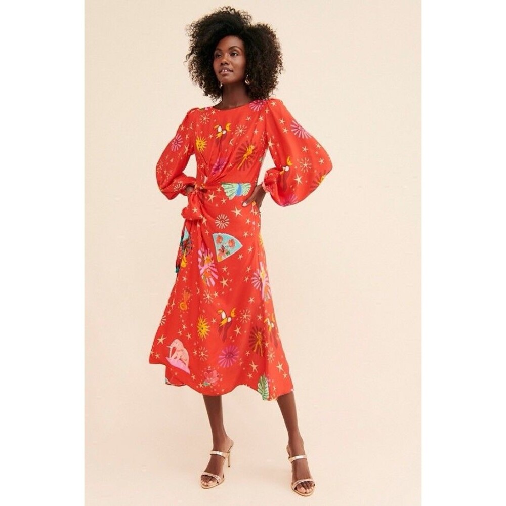 FARM Rio Red Faux Wrap Midi Dress S Twist Waist Animal Celestial Print